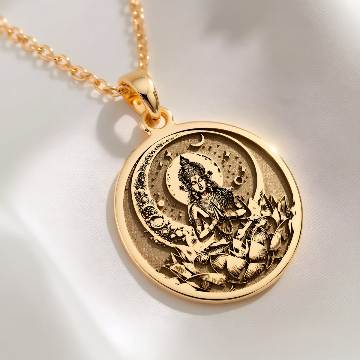 14K solid gold Chandra Moon Celestial Pendant: round  of Chandra Hindu moon goddess wit...