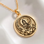 14K solid gold Chandra Moon Celestial Pendant: round  of Chandra Hindu moon goddess wit...