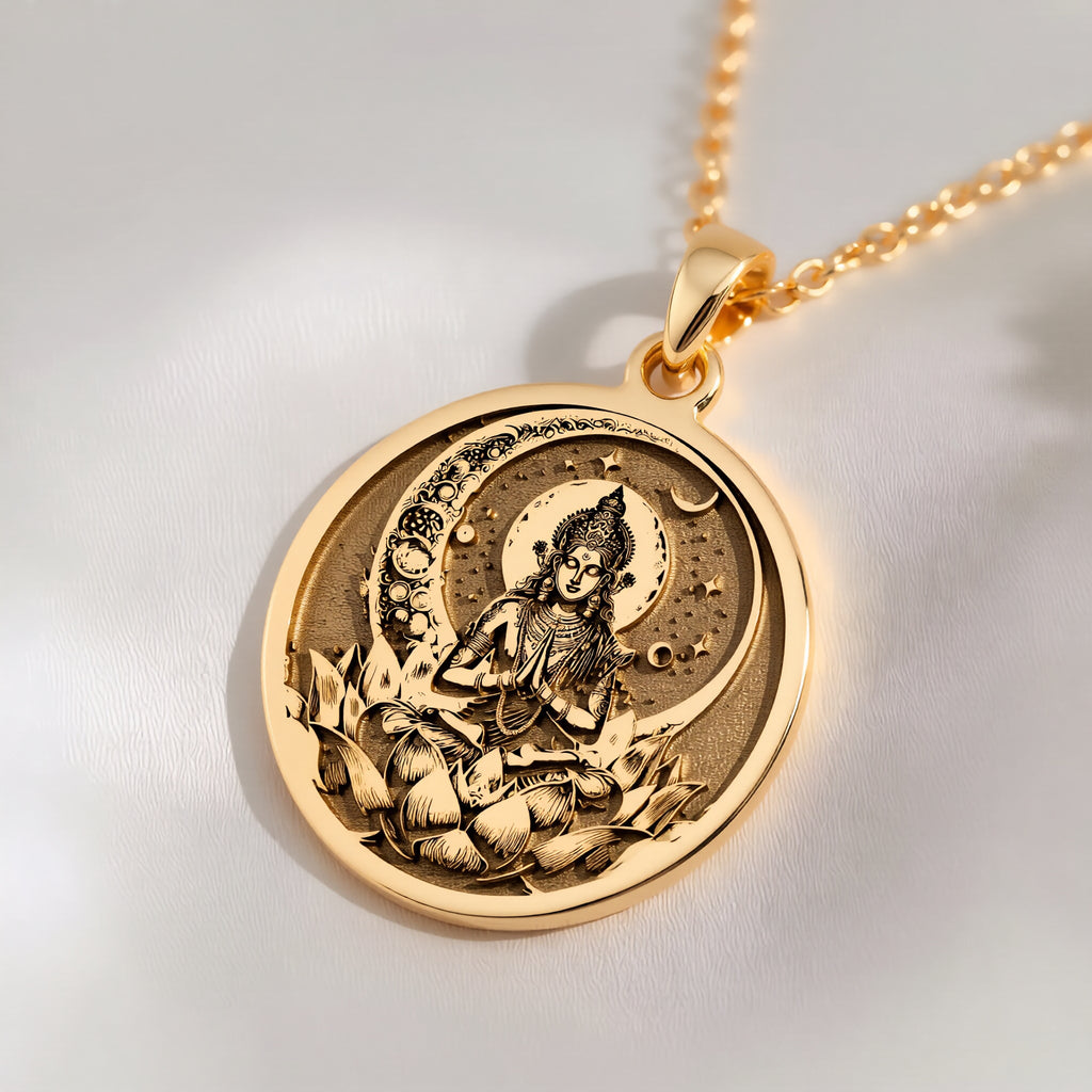 14K solid gold Chandra Moon Celestial Pendant: round  of Chandra Hindu moon goddess wit...