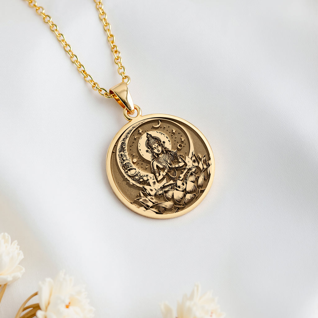 14K solid gold Chandra Moon Celestial Pendant: round  of Chandra Hindu moon goddess wit...