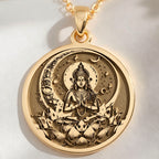 14K solid gold Chandra Moon Celestial Pendant: round  of Chandra Hindu moon goddess wit...