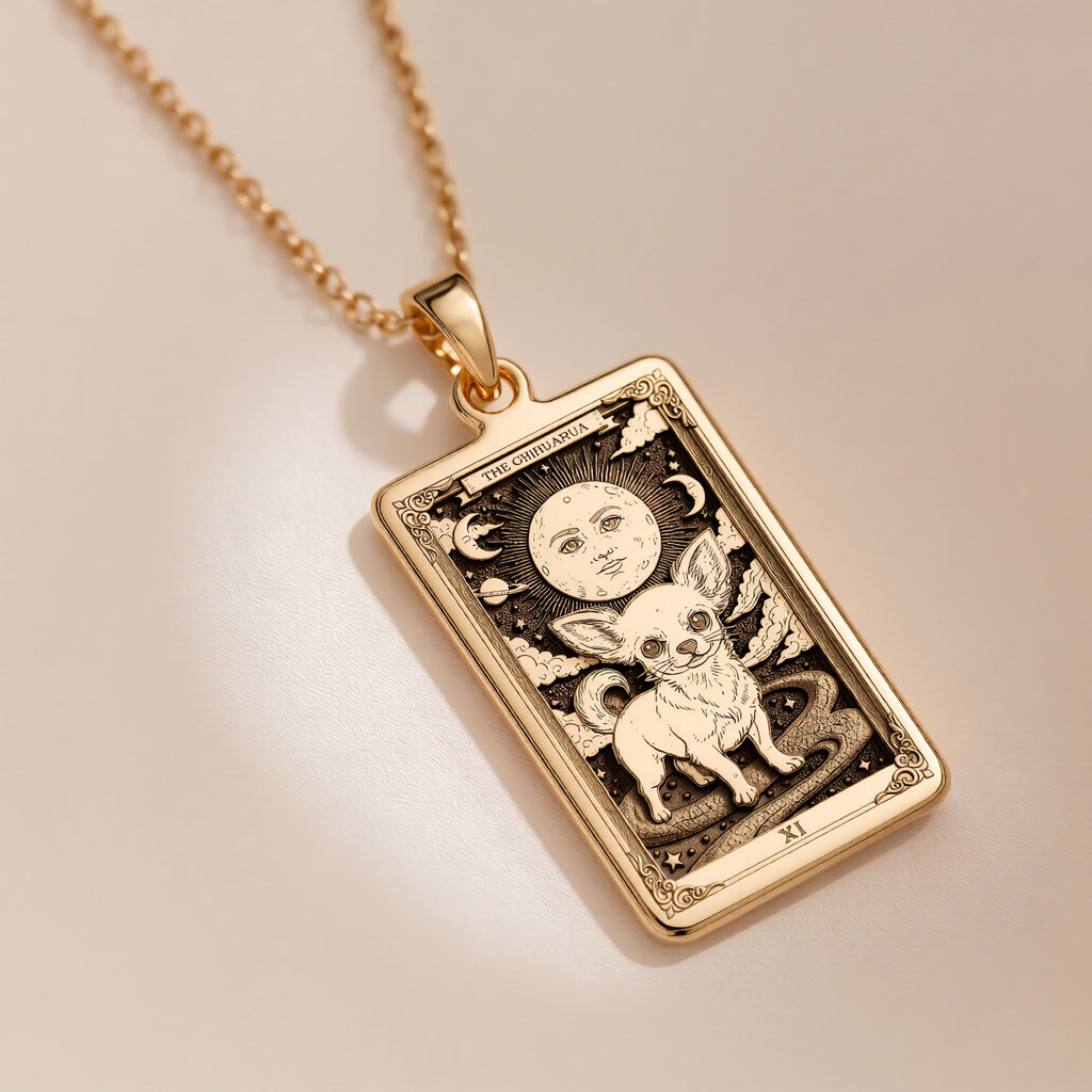 An heirloom-quality 14K solid gold Chihuahua tarot pendant. The art shows the tiny dog in a "Sun" card, symbolizing a big personality, a precious dog mom gift.