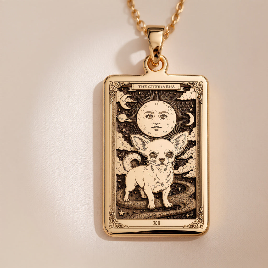 A polished 14K solid gold Chihuahua medallion. This fine pet jewelry represents the breed's fiery spirit, a perfect dog lover gift.