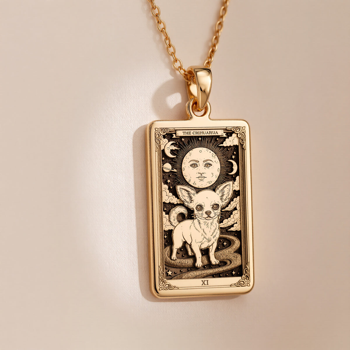 An heirloom-quality 14K solid gold Chihuahua tarot pendant. The art shows the tiny dog in a "Sun" card, symbolizing a big personality, a precious dog mom gift.