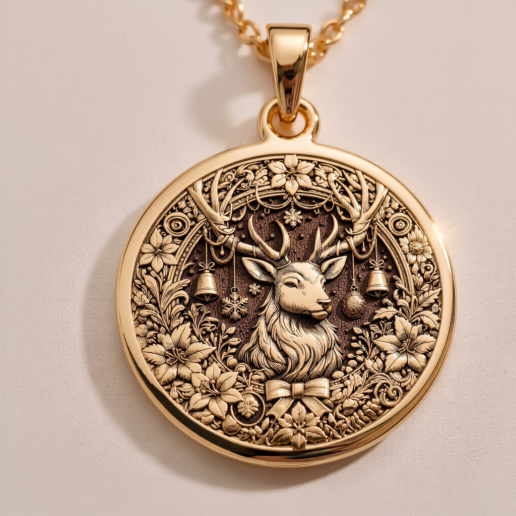 Christmas Deer Necklace Necklaces 925 925 Sterling Silver round pendant featuring a detailed deer surrounded by foliage necklace