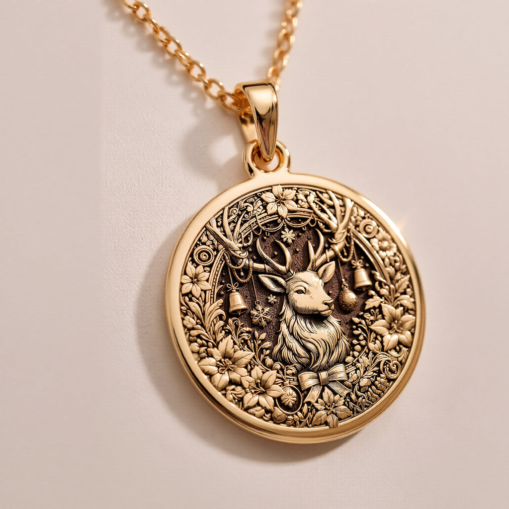 Christmas Deer Necklace Necklaces 14K Rose 14K 14K Rose Gold Plated pendant necklace featuring an ornate deer face surrounded by floral scrollwork.