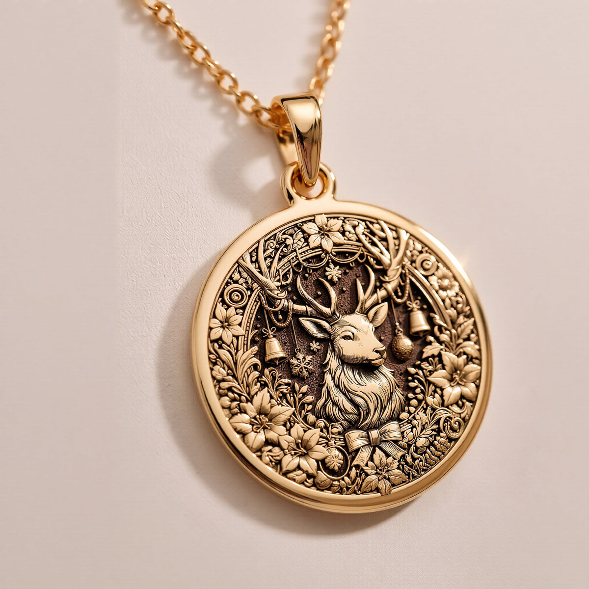 Christmas Deer Necklace Necklaces 14K Rose 14K 14K Rose Gold Plated pendant necklace featuring an ornate deer face surrounded by floral scrollwork.