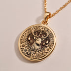 Christmas Deer Necklace Necklaces 14K Rose 14K 14K Rose Gold Plated pendant necklace featuring an intricate deer face design with floral details.