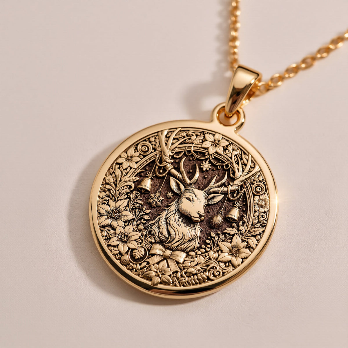 Silver plated Christmas Deer Necklace: round  Christmas deer necklace with engraved sil...