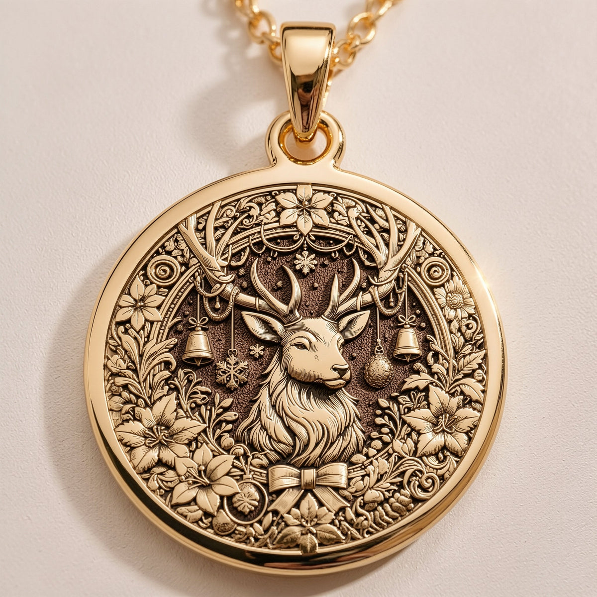 Christmas Deer Necklace Necklaces Gold-toned pendant necklace options featuring various metal finishes and engraving choices.
