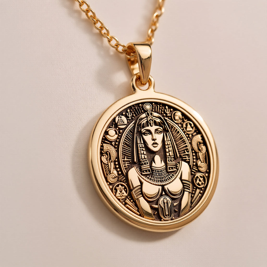 Cleopatra Pendant Necklaces Rose 14K Rose 14K 14K Rose 14K 14K Rose Gold Plated circular pendant with engraved portrait design necklace