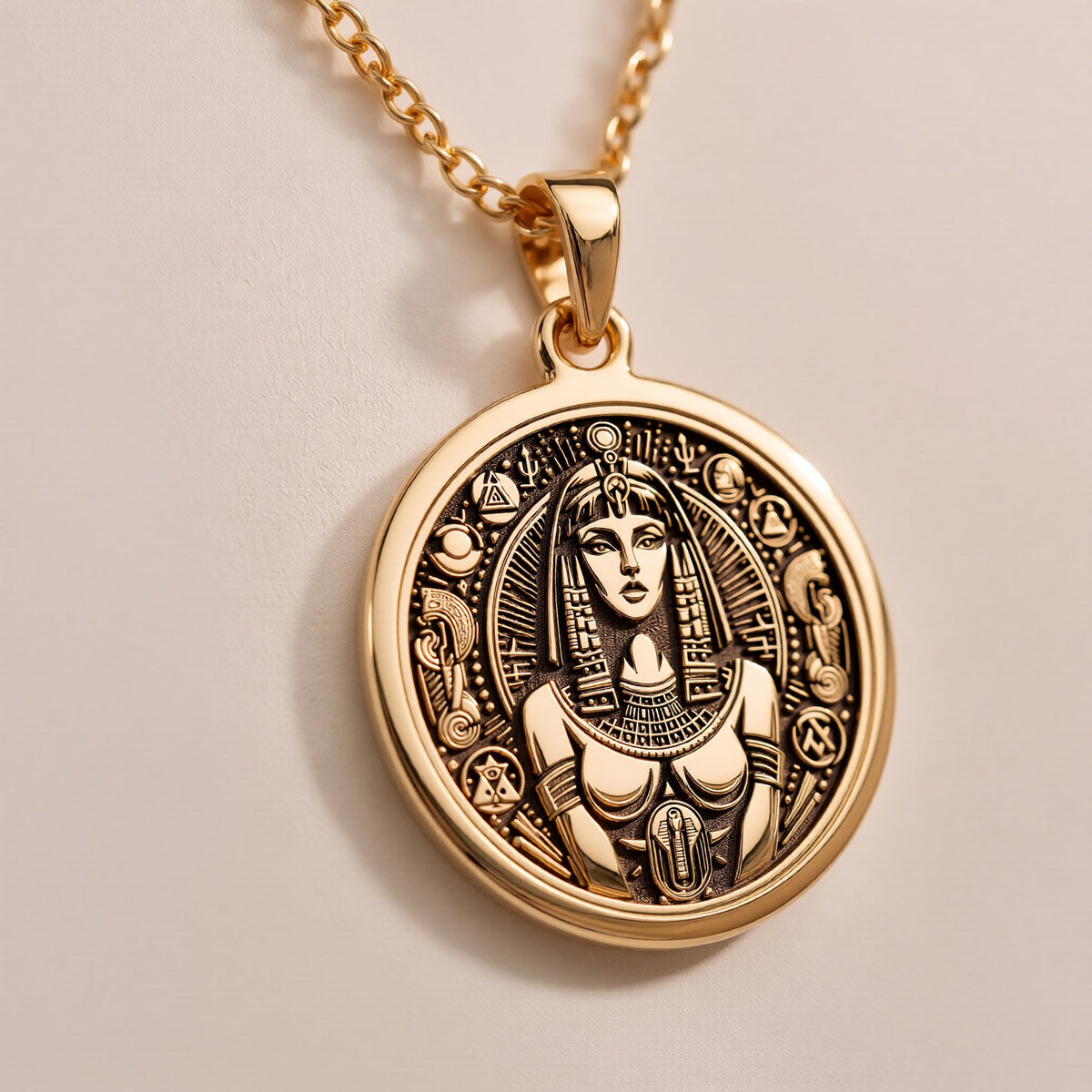 Cleopatra Pendant Necklaces Rose 14K Rose 14K 14K Rose 14K 14K Rose Gold Plated circular pendant with engraved portrait design necklace