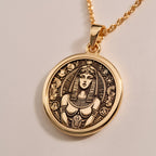 Cleopatra Pendant Necklaces Rose 14K Rose 14K 14K Rose 14K 14K Rose Gold Plated round pendant with stylized face portrait and ethnic patterns necklace