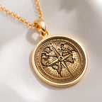 14K solid gold Compass Necklace: round  engraved world map with compass rose directiona...