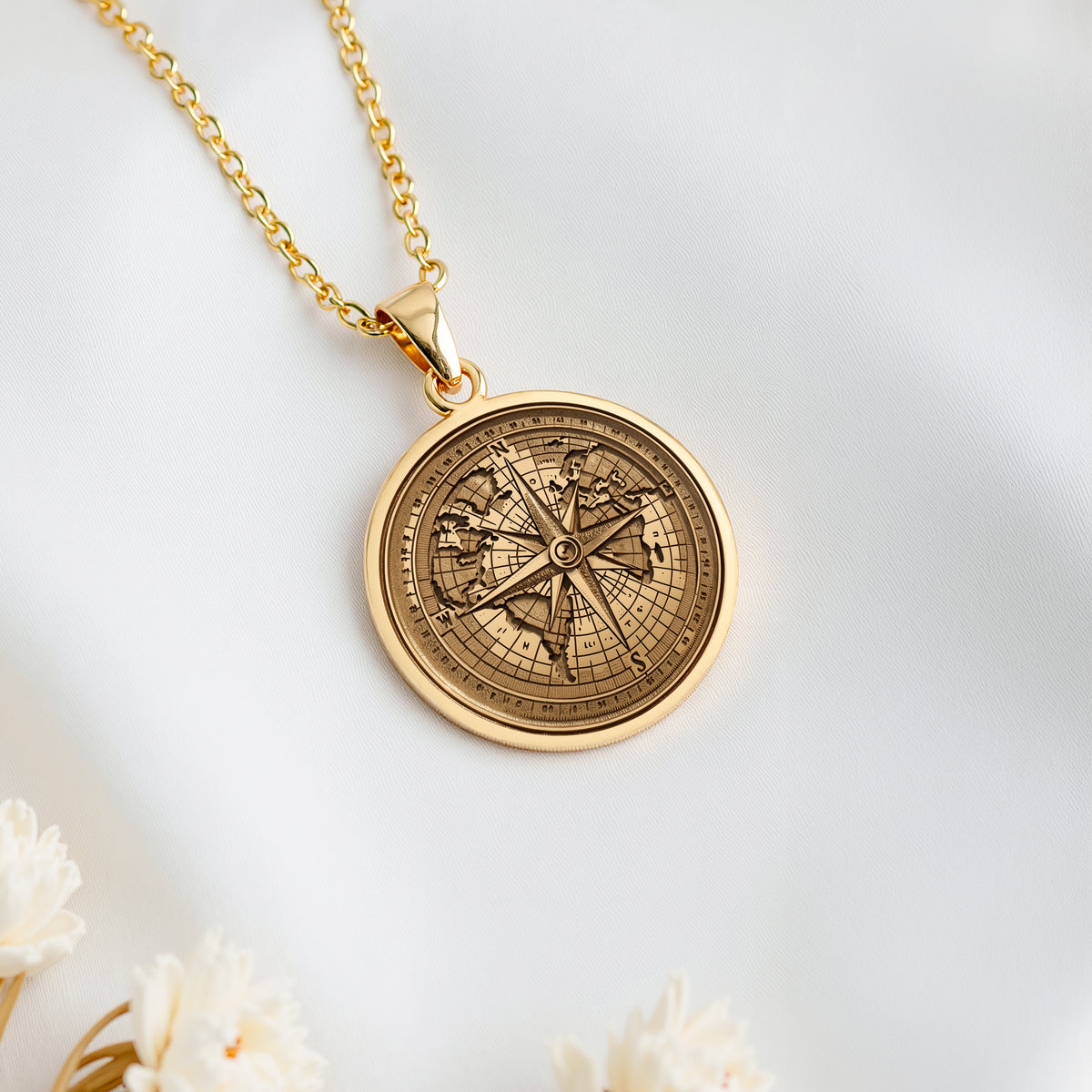 14K solid gold Compass Necklace: round  engraved compass rose with world map continents...
