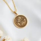 14K solid gold Compass Necklace: round  engraved compass rose with world map continents...