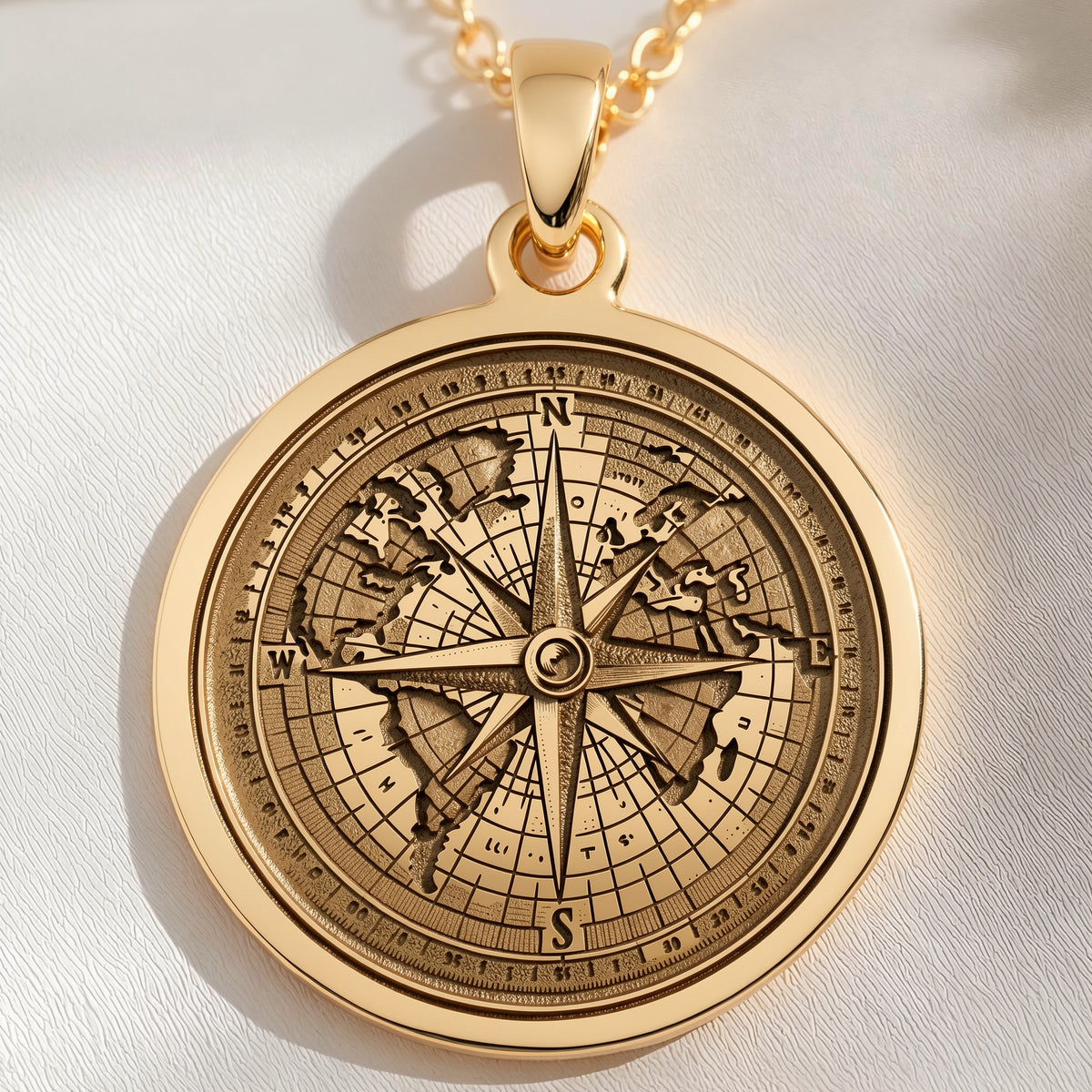 14K solid gold Compass Necklace: round  engraved world map with prominent compass rose ...