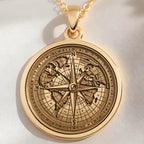 14K solid gold Compass Necklace: round  engraved world map with prominent compass rose ...