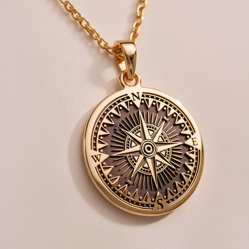 Compass Pendant Necklace Necklaces 14K 14K Gold Plated compass rose starburst pendant necklace with intricate detailing.