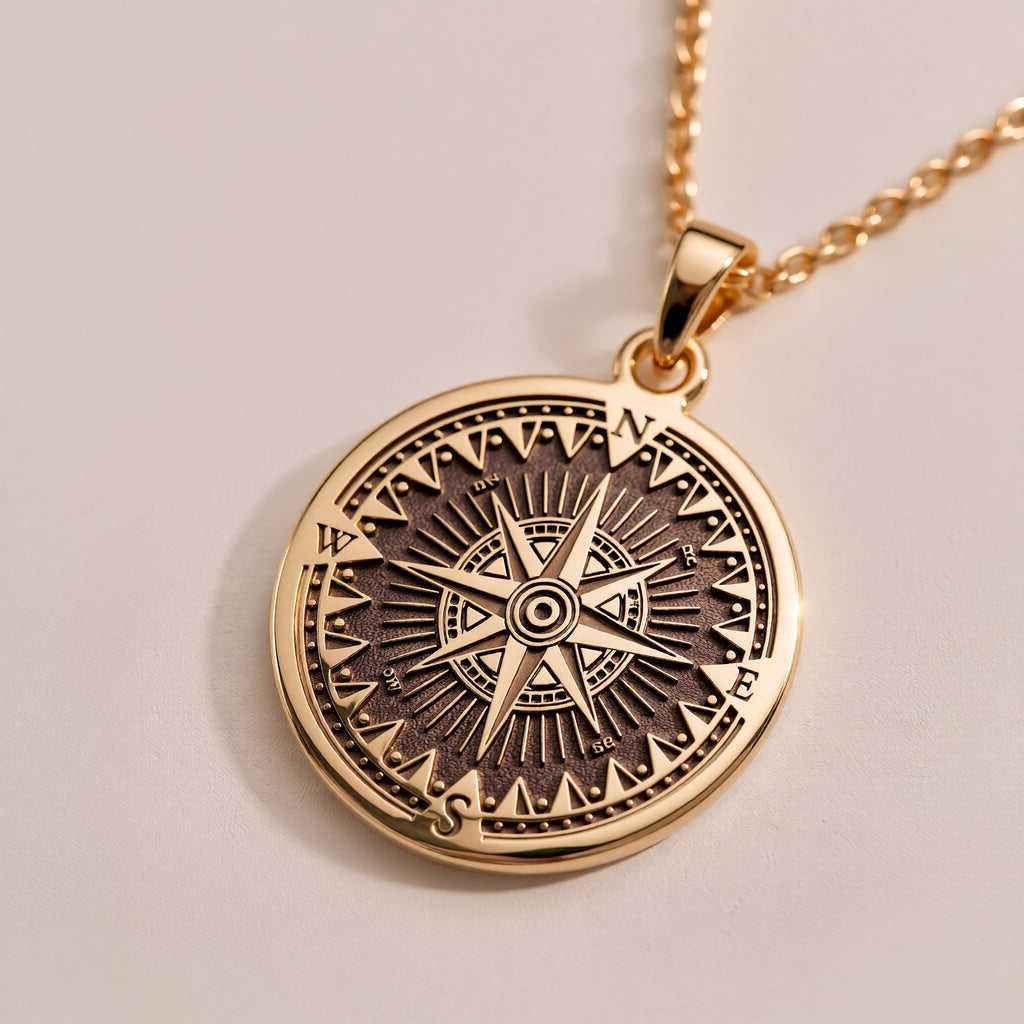 Compass Pendant Necklace Necklaces 14K 14K Gold Plated compass rose starburst pendant necklace with intricate geometric design