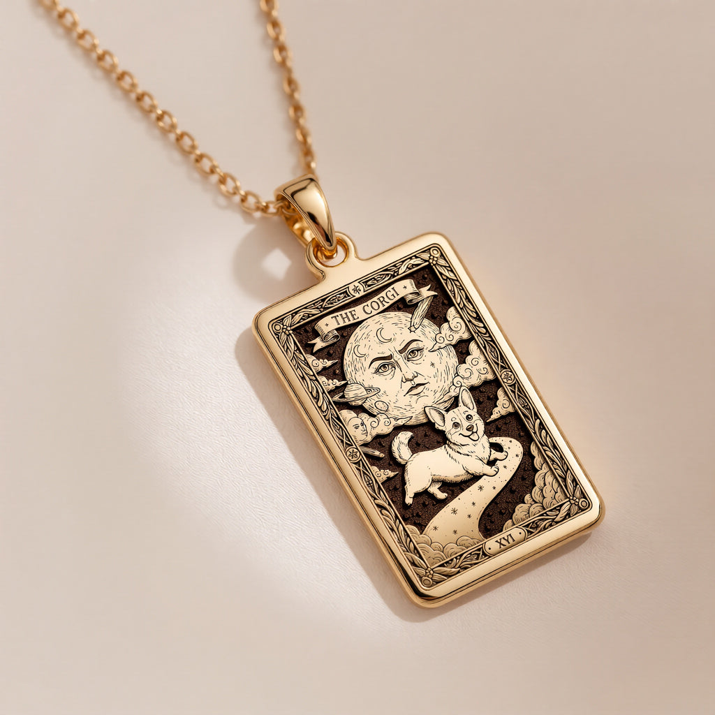 An heirloom-quality 14K solid gold Corgi tarot pendant. The art shows the whimsical dog under a moon, symbolizing a playful spirit, a precious dog mom gift.