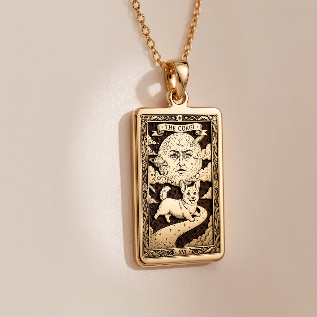 An heirloom-quality 14K solid gold Corgi tarot pendant. The art shows the whimsical dog under a moon, symbolizing a playful spirit, a precious dog mom gift.