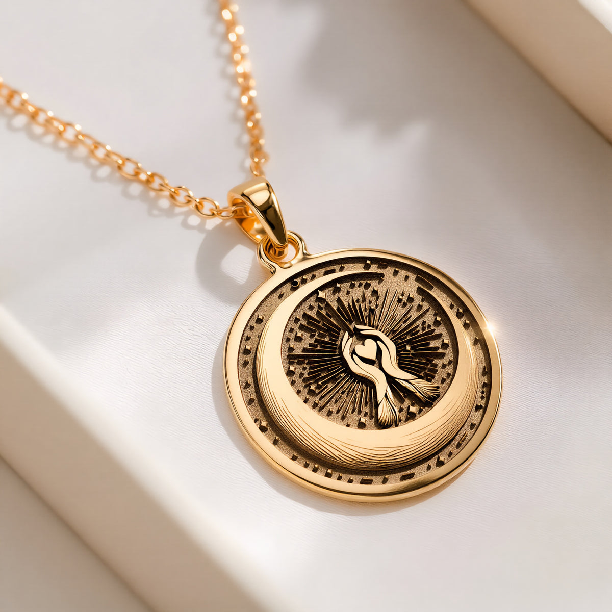 Crescent Moon Celestial Pendant | 14K Solid Gold - Spiritual Protection Astronomy Lover