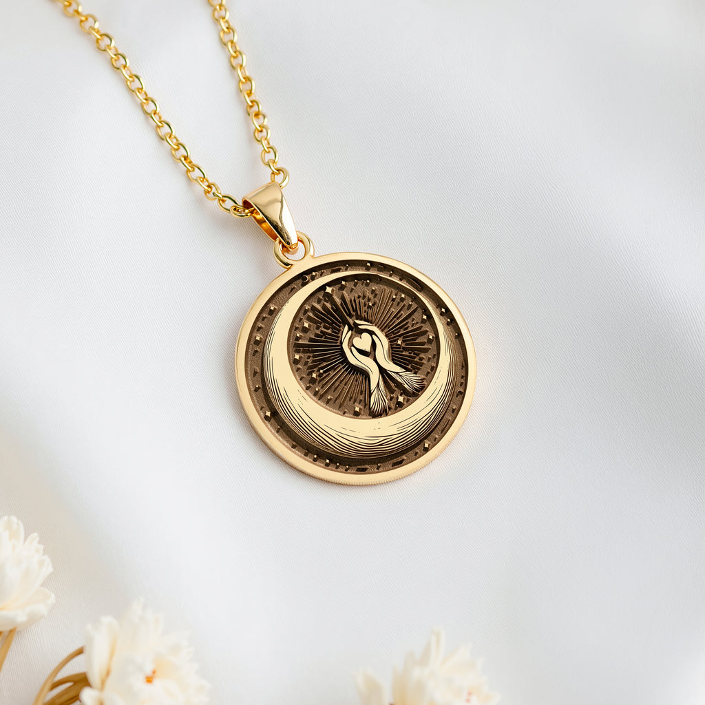 Crescent Moon Celestial Pendant Necklaces 14K 14K Gold Plated round pendant with sunburst design and abstract figure necklace