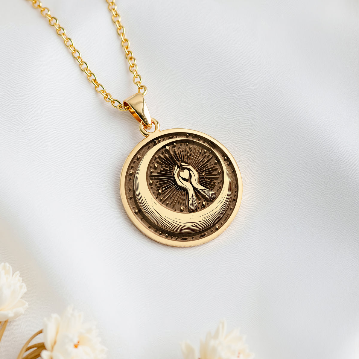 Crescent Moon Celestial Pendant Necklaces 14K 14K Gold Plated round pendant with sunburst design and abstract figure necklace