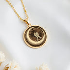 Crescent Moon Celestial Pendant Necklaces 14K 14K Gold Plated round pendant with sunburst design and abstract figure necklace