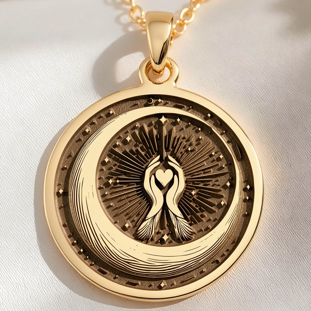Crescent Moon Celestial Pendant Necklaces 14K 14K Gold Plated plated pendant necklace featuring a sunburst design with hands forming a heart.