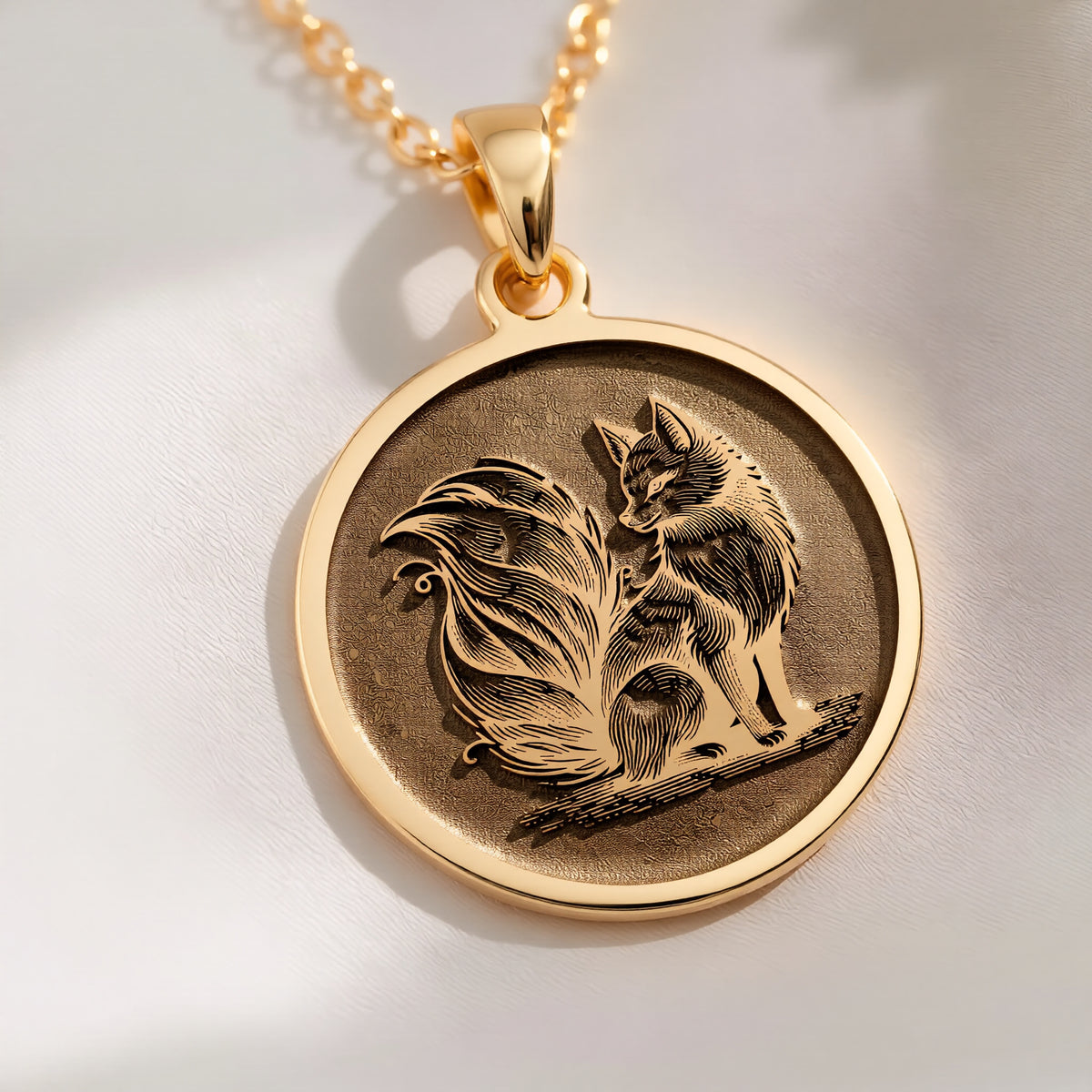 14K solid gold Fox Spirit Animal Charm Necklace: round  fox spirit animal totem with en...