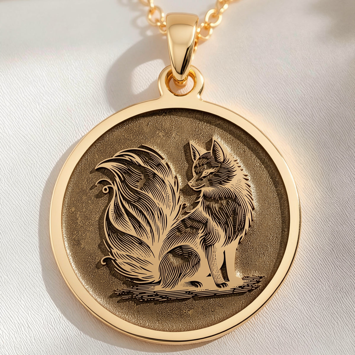 14K solid gold Fox Spirit Animal Charm Necklace: round  fox spirit animal charm with de...