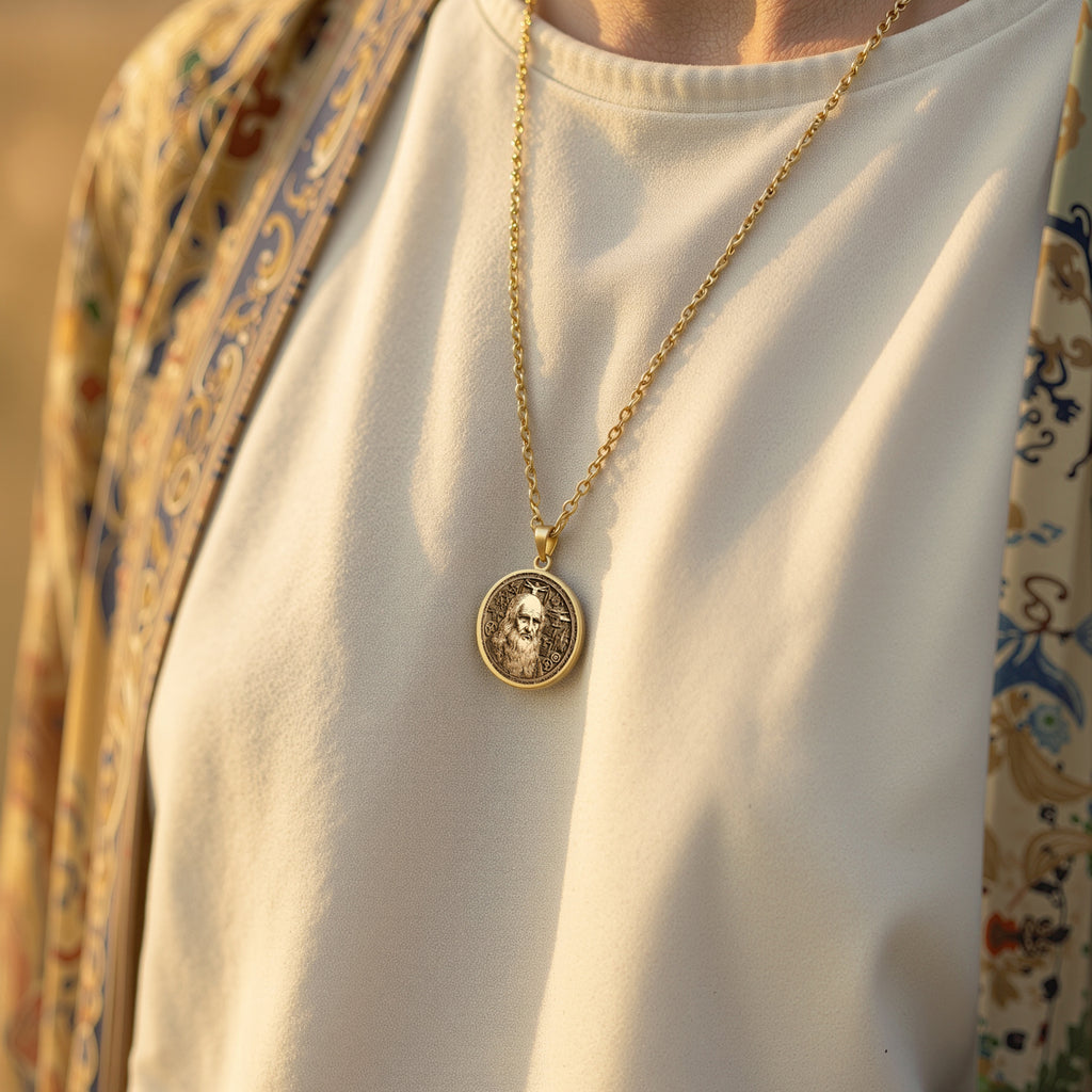 14K solid gold Da Vinci Renaissance Art Pendant: round  of Leonardo da Vinci Italian po...