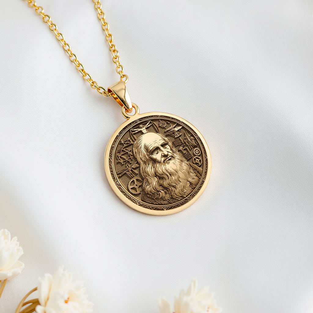 14K solid gold Da Vinci Renaissance Art Pendant: round  of Leonardo da Vinci Italian Re...