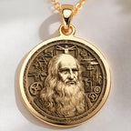 Da Vinci Renaissance Art Pendant Necklaces 14K 14K Gold Plated pendant necklace featuring a detailed classical portrait design with geometric motifs.