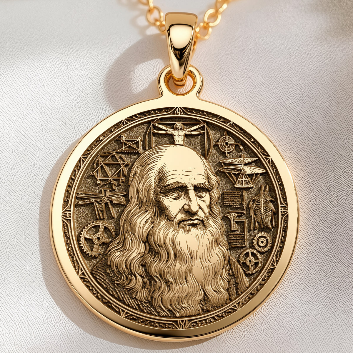 14K solid gold Da Vinci Renaissance Art Pendant: round  of Leonardo da Vinci Renaissanc...