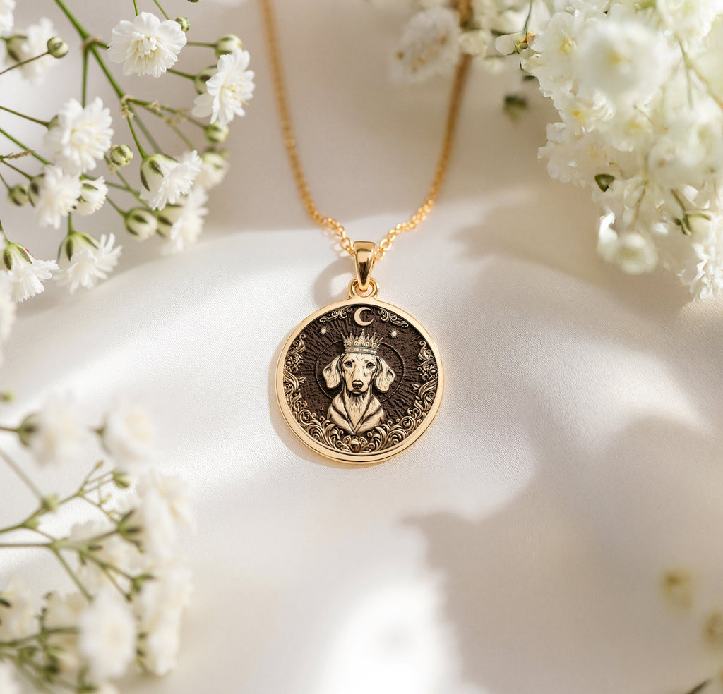 An heirloom-quality 14K solid gold Dachshund King medallion. The art shows the crowned dog, symbolizing his royal status, a precious gift for a Doxie mom.
