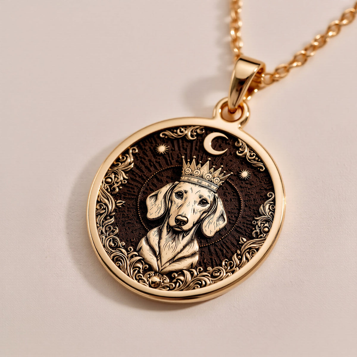 A handmade 14K gold plated Dachshund King necklace. The engraving captures the regal wiener dog, a timeless symbol of a cherished pet.