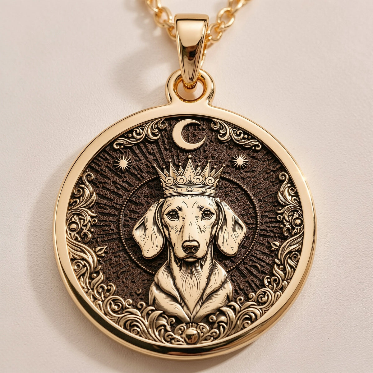 A handmade 14K gold plated Dachshund King necklace. The engraving captures the regal wiener dog, a timeless symbol of a cherished pet.