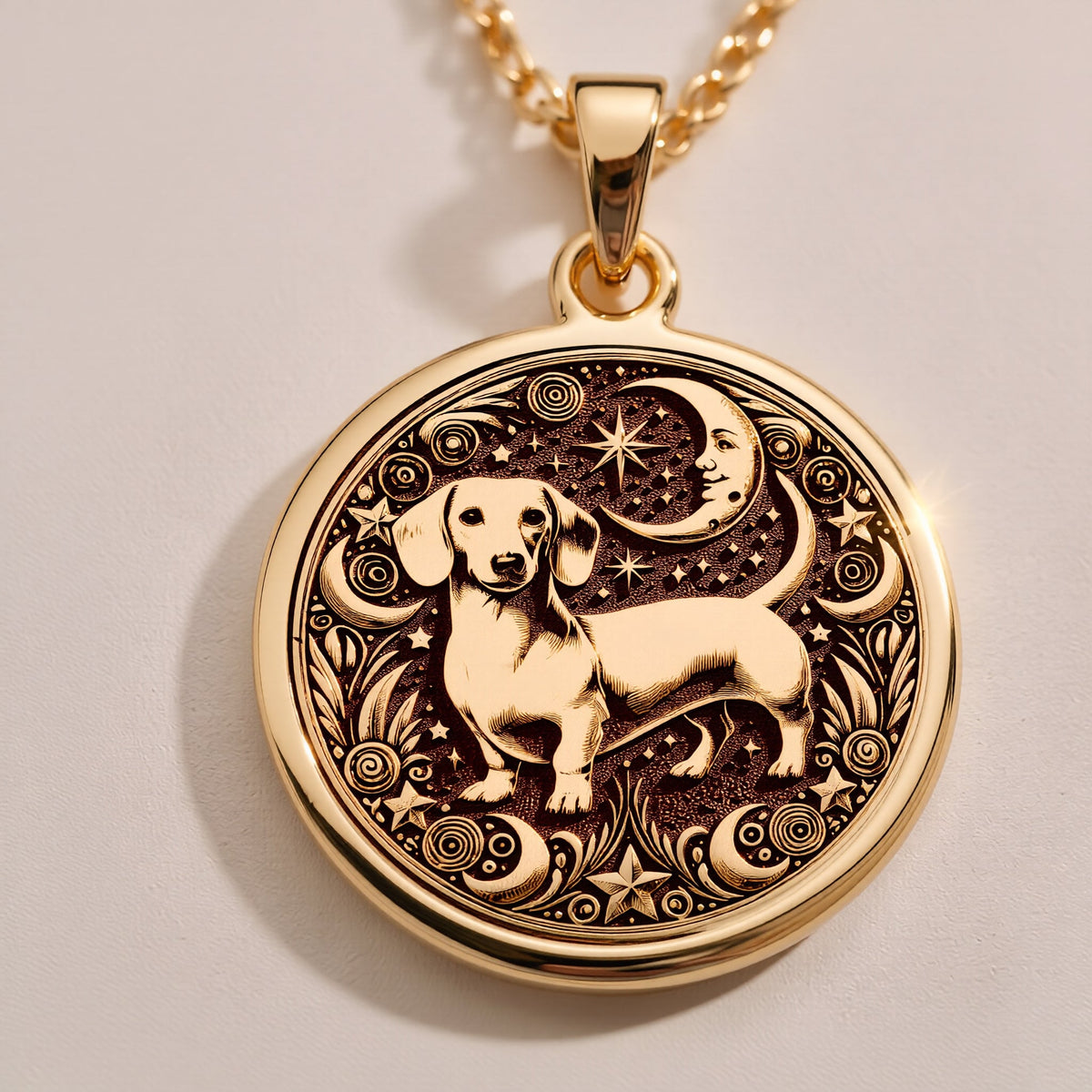 Dachshund Dog Pendant Necklace Necklaces 14K 14K Gold Plated dog surrounded by stars and crescent moon pendant necklace