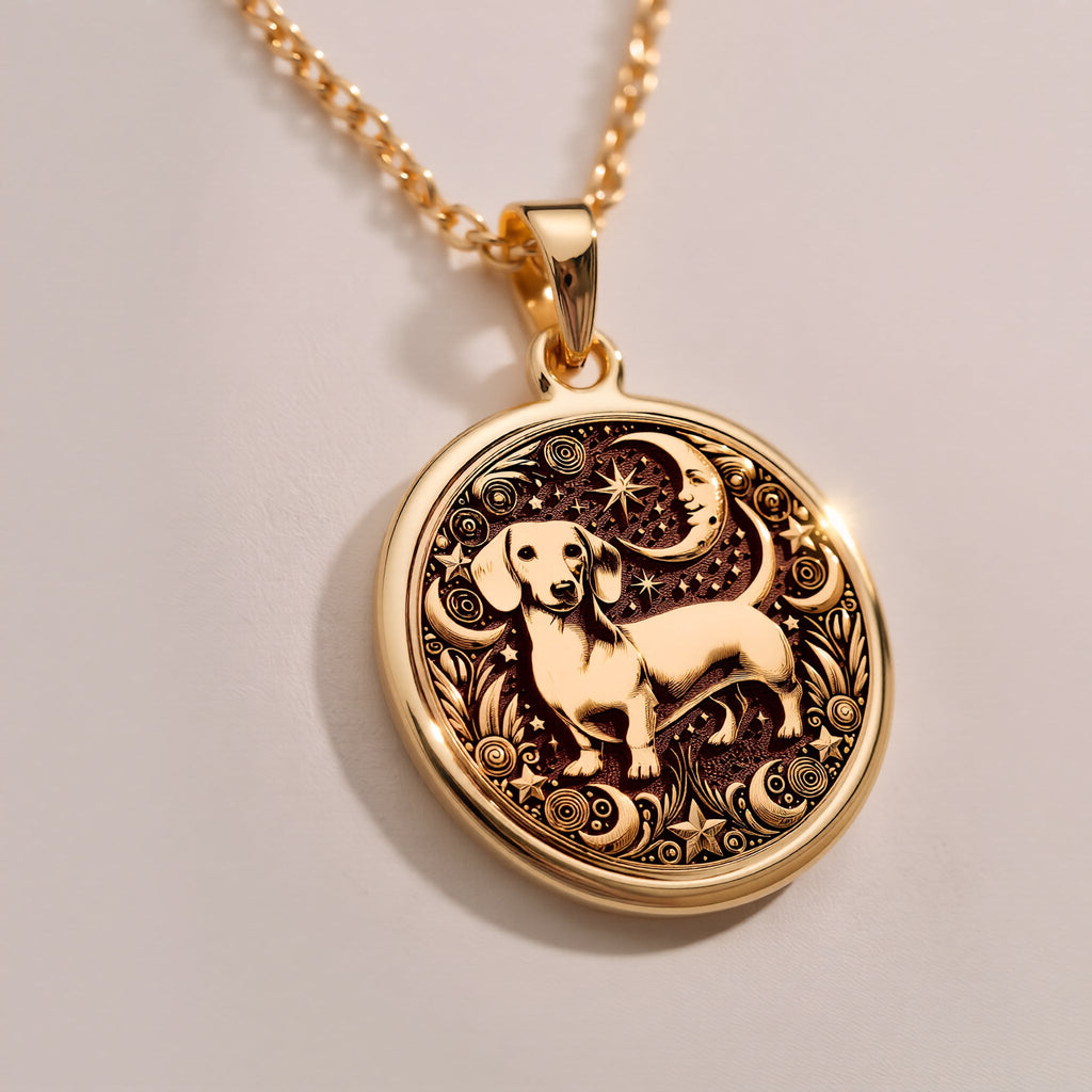 Dachshund Dog Pendant Necklace Necklaces 14K 14K Gold Plated pendant necklace featuring a dog and crescent moon design on a round disc.