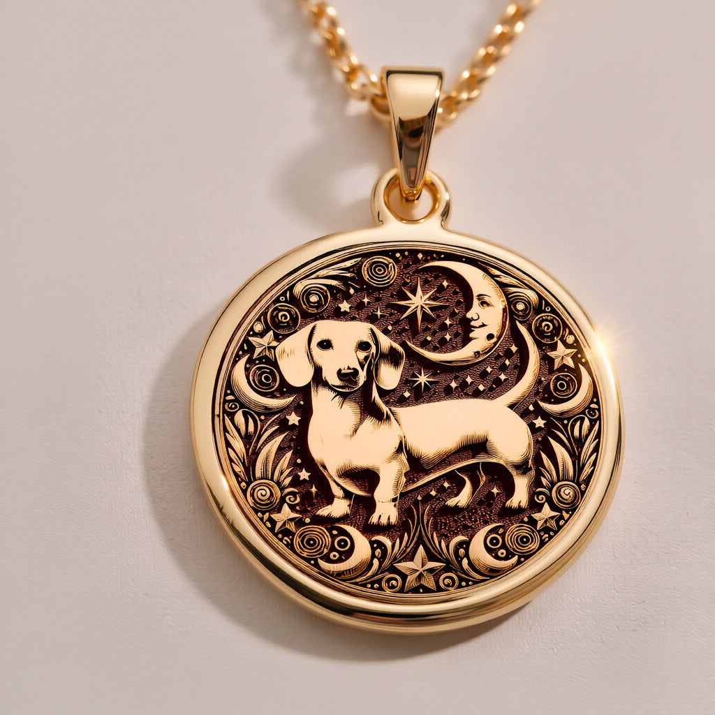 Elegant 14K Gold Plated dachshund pendant engraved with floral motifs and a celestial sky. Ideal for dog moms and animal charm collectors.