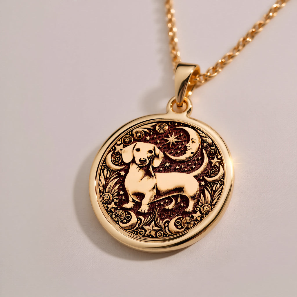 Dachshund Dog Pendant Necklace Necklaces 925 925 Sterling Silver dog and crescent moon pendant necklace with intricate scrollwork