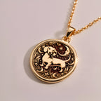 Dachshund Dog Pendant Necklace Necklaces Rose 14K Rose 14K 14K Rose 14K 14K Rose Gold Plated circular pendant featuring a dog and crescent moon design necklace