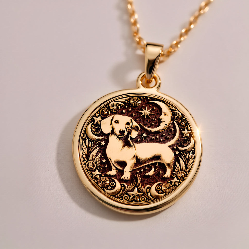 Dachshund Dog Pendant Necklace Necklaces Rose 14K Rose 14K 14K Rose 14K 14K Rose Gold Plated dog portrait pendant with ornate scrollwork necklace