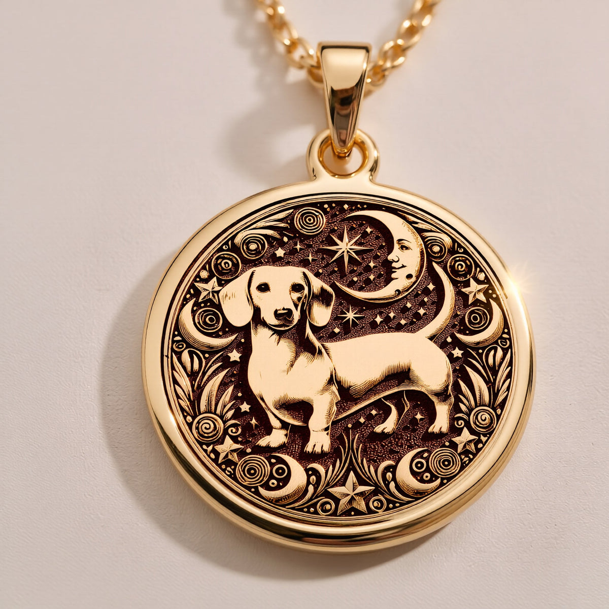 Dachshund Dog Pendant Necklace Necklaces 925 925 Sterling Silver dog and crescent moon pendant necklace with intricate scrollwork