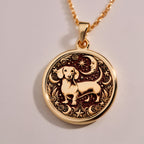 Dachshund Dog Pendant Necklace Necklaces Rose 14K Rose 14K 14K Rose 14K 14K Rose Gold Plated circular pendant featuring a dog and crescent moon design necklace
