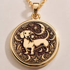 Dachshund Dog Pendant Necklace Necklaces Rose 14K Rose 14K 14K Rose 14K 14K Rose Gold Plated dog portrait pendant with ornate scrollwork necklace