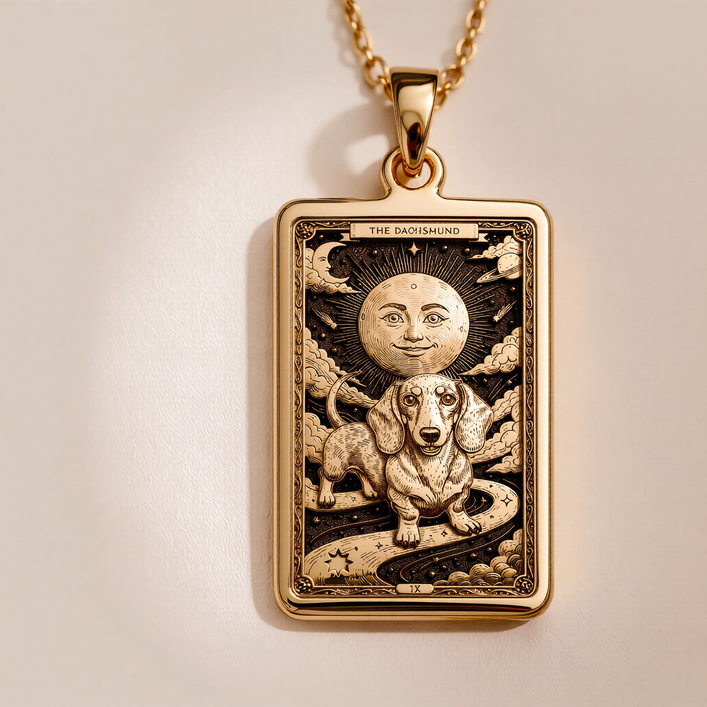 A polished 14K solid gold Dachshund medallion. This fine pet jewelry represents the breed's big spirit, making it a perfect Doxie lover gift.